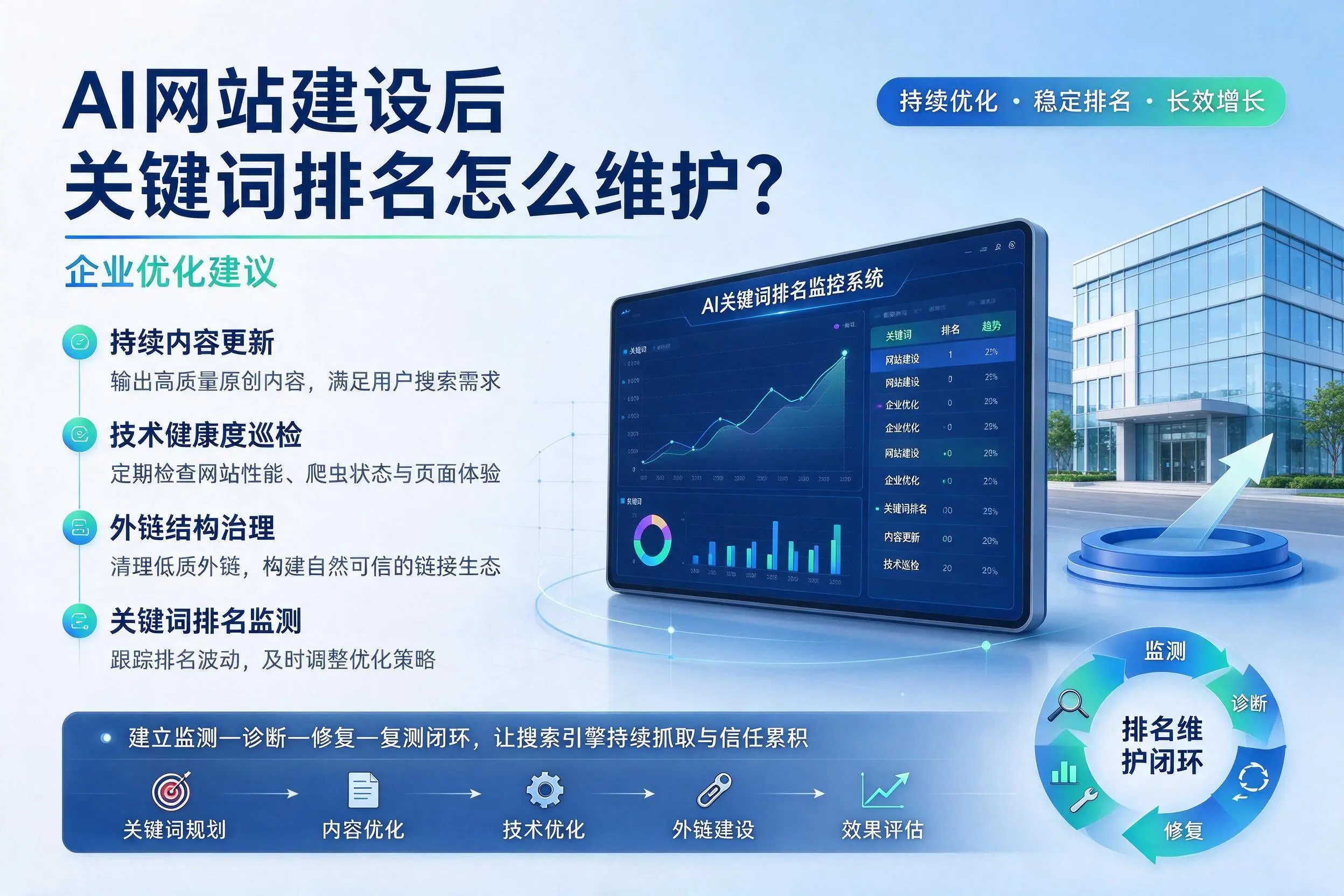AI网站建设后关键词排名怎么维护?绥化企业优化建议